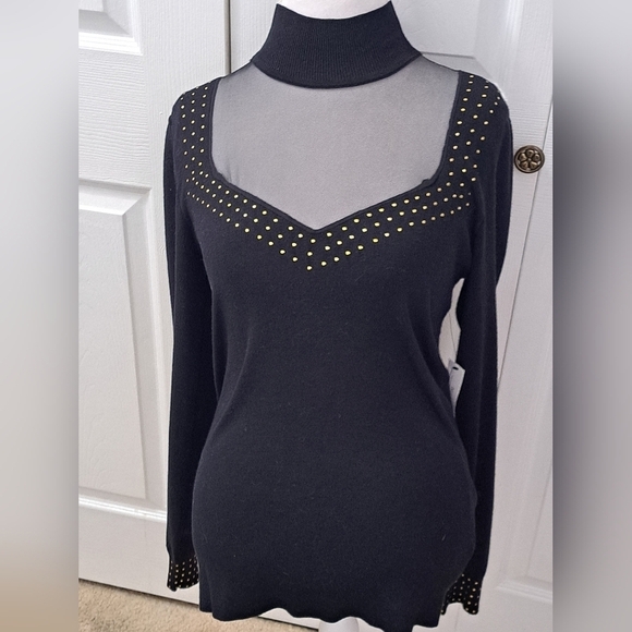 NWT Venus Black Mock Neck Sweater With Studded Embellishments   Size L - Picture 1 of 12